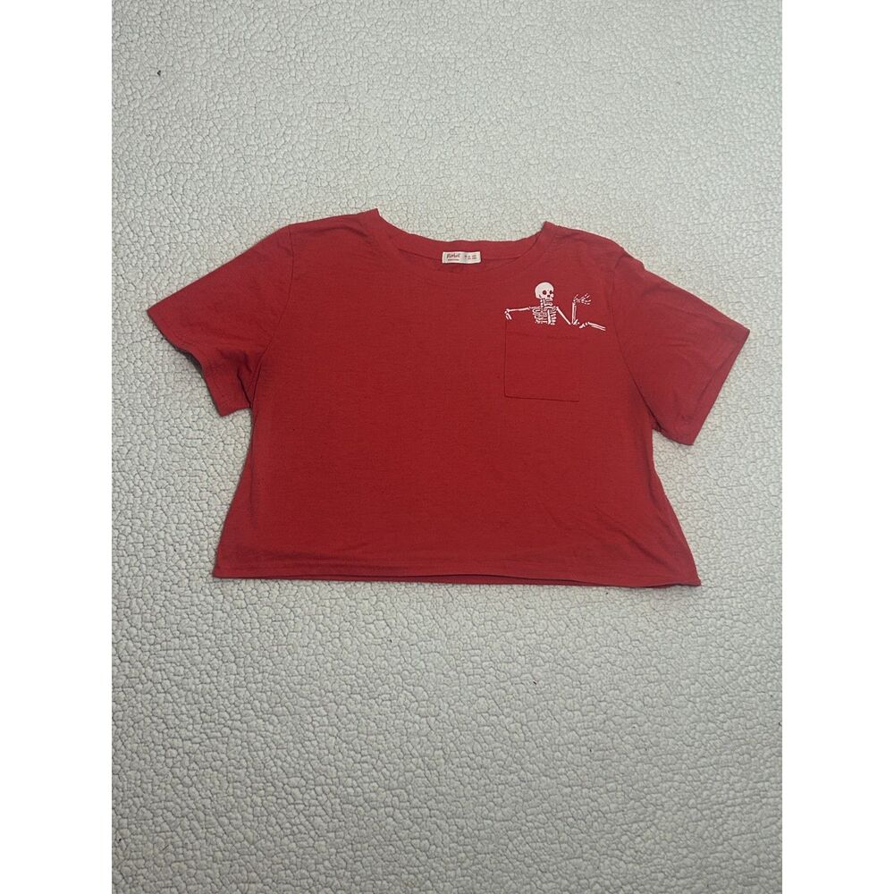 Y2K Halloween Romwe Red Skeleton Pocket Graphic Cropped Tee L
